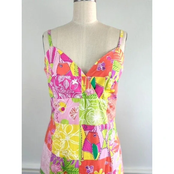 Lilly Pulitzer VTG 90s Dress 4 Fish Turtle Lemon Patchwork Sundress Babydoll - Picture 2 of 10